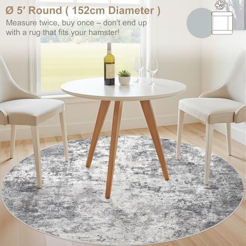 UERMEI 5ft Round Area Rug Living Room Rugs - 5x5 Washable Neutral Modern Abstract Soft Thin Rug Indoor Floor No Slip Rug Carpet for Bedroom Under Dining Table Home Office Decor - Grey - Image 2