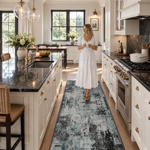 RELEANY Washable Runner 2'x8' Abstract Area Rug for Hallway Teal Black - Image 3