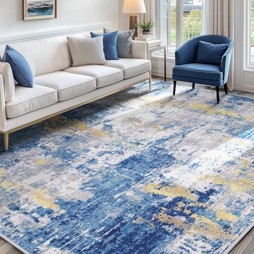 RELEANY Washable Square 7'x7' Area Rug for Living Room Blue Gold - Image 2