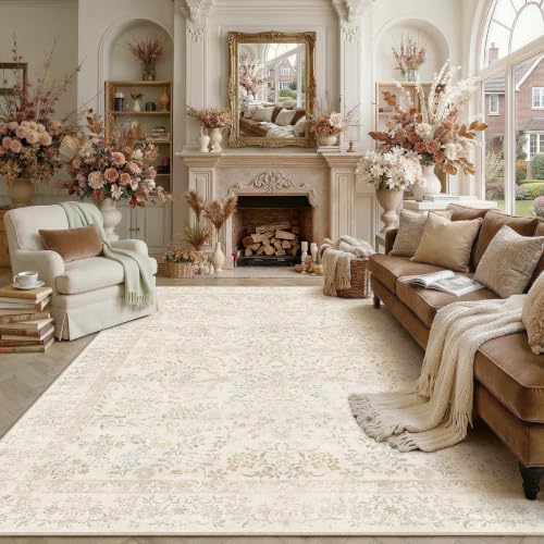 PureCozy 8x10 Beige Floral Area Rug Vintage Farmhouse Style by PureCozy