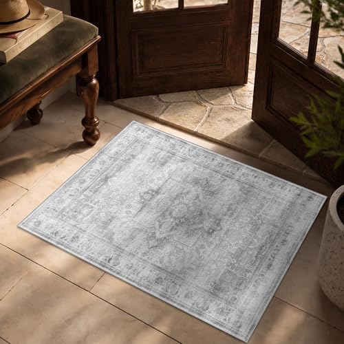 2x3 Washable Boho Entryway Area Rug Grey Non-Slip Front Door Mat by LULLOSA