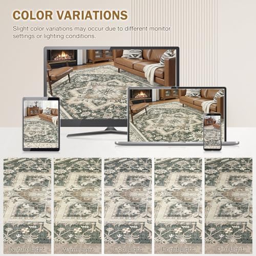 Area Rug for Living Room - 6x9 Washable Oriental Vintage Floral Large Soft Carpet - Fade Stain Resistant Non Slip Rugs for Bedroom Dining Room Nursery Dorm Office Home Decor - Vintage Green - Image 7