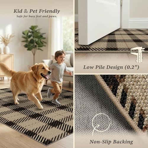 JTJ Easy Jute 3x6 Kitchen Runner Rug, Black & Beige Plaid, Washable - Image 5