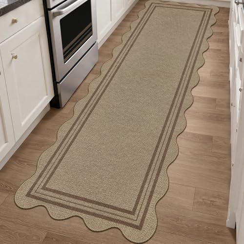 Scalloped Easy Jute 2.6x8 Kitchen Runner Rug, Washable Rugs for Entryway Non Slip Outdoor Indoor Long Rug, Farmhouse Modern Carpet for Hallway Bedroom by LORWER