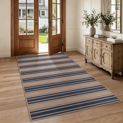 Striped Easy Jute 4x6 Outdoor Rug Washable Non Slip Khaki Rugs for Entryway Indoor Outdoor Farmhouse Neutral Front Door Mat for Backyard Patio Proch Living Room by Zeeinx