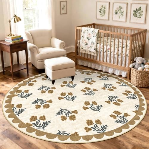Beige Boho Round Rug 5ft - Soft Washable Floral French Country Scalloped Circle Rug for Bedroom Non Slip 5x5 Stain Resistant Round Area Rug for Living Room Dining Room Kids Room Playroom Foyer - Image 6