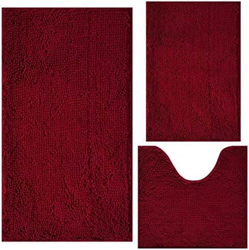 Bathroom Rugs Chenille 3-Piece Extra Soft and Absorbent Shag Bathroom Rugs, Machine Wash Mat, Strong PVC Non-Slip Underside, Plush Carpet Mats (Burgundy) by BOANKODU