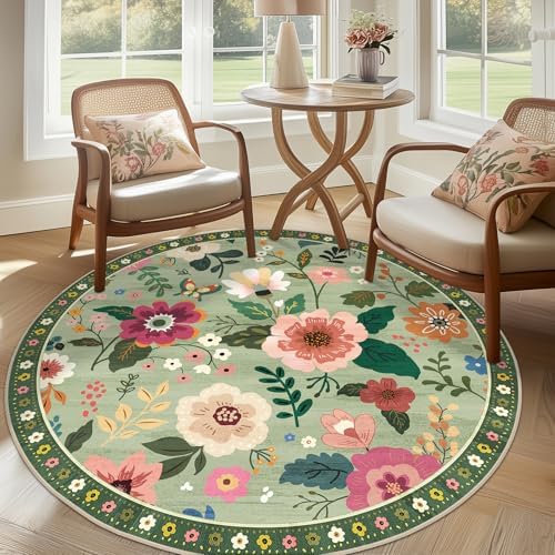 RELEANY Floral Washable Round 6ft Area Rug LightGreen by RELEANY