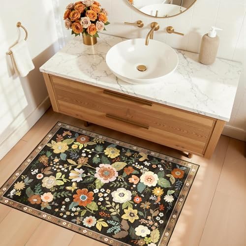 RELEANY Floral Washable 2x3 Area Rugs Doormat Black/Yellow - Image 3
