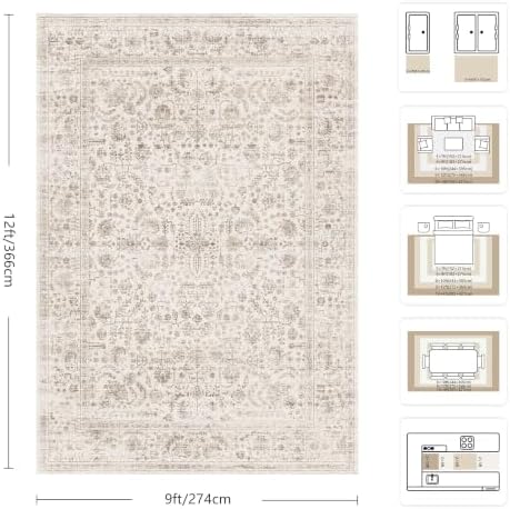 9x12 Area Rugs for Living Room, Washable Vintage Retro Floral Rug, Low Pile Non Slip Distressed Large Carpet for Bedroom, Dining Room, Office, Home (Light Brown) - Image 2