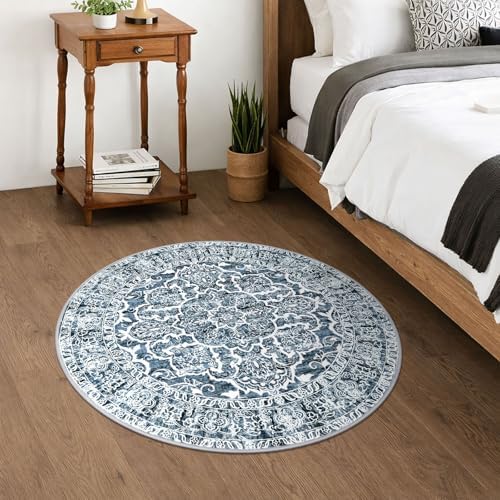 KUTA Vintage Round Rug 3ft Washable Boho Indoor Circle Area Rug Blue White - Image 4