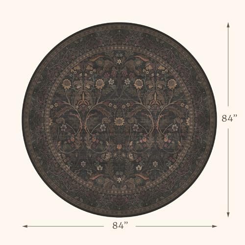 7ft Round Rug for Living Room, Moody Farmhouse Floral Circle Area Rug, Washable Dark Brown Botanical Carpet for Under Bed, Soft Low-Pile Vintage Carpet for Study, Guest Room, Aesthetic Decor - Image 2
