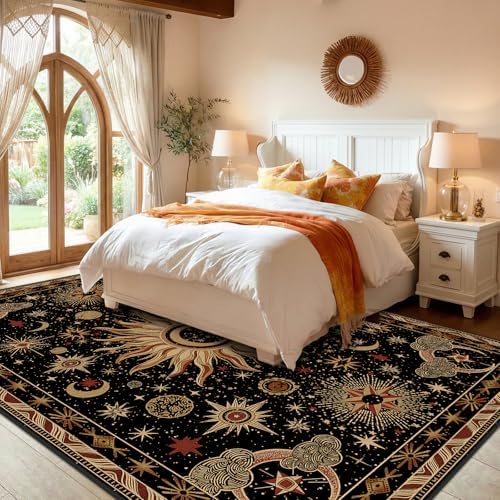 Vacuum-Friendly, 9x12 Washable Area Rug, Black Gold Beige Red - Image 3