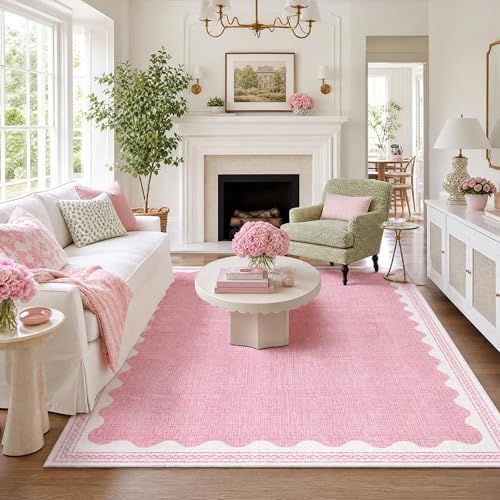 GarveeHome Scalloped Washable 8x10 Rugs for Living Room Non-Slip Solid Pink Modern Minimalism 8 x 10 Rug Low-Pile Carpet for Bedroom Dining Nursery Mat with Rubber Back by GarveeHome