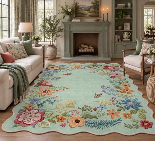 FMFUNCTEX 8x10 Washable Mint Green Boho Scalloped Area Rug for Living Room by Fmfunctex