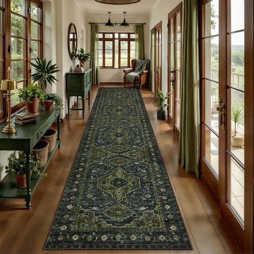 Tangsoo Oriental 2.6x12 Washable Hallway Runner Rug,Green Non Slip Long Rug - Image 2