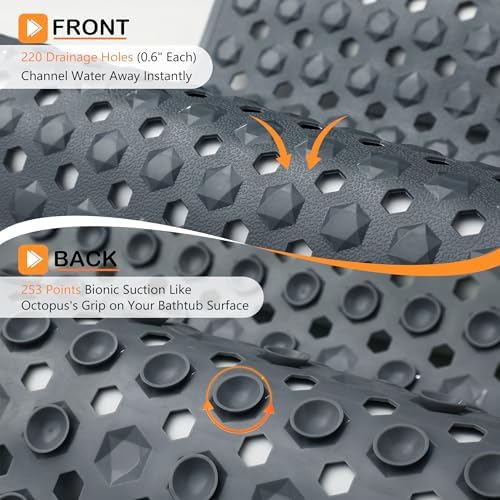 Yimobra Bathtub Mat Non Slip, 34.5"X15.5" Long Shower Mat for Inside Shower, Machine Washable Bath Mat with Drain Holes & Strong Suction Cups, Soft on Feet, Bathroom Essentials, Dark Grey - Image 2