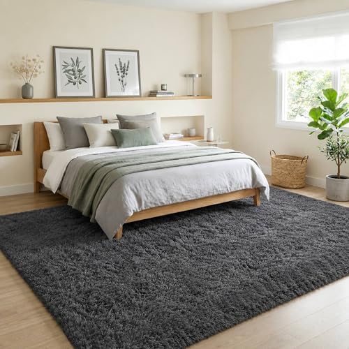 Dark Grey Fluffy Area Rug 5x8 Ft, Washable for Living Room - Image 2