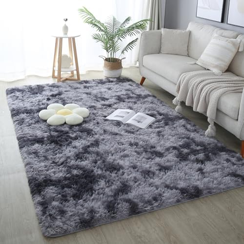 6x9 Tie-dye Dark Grey Shag Rug for Bedroom, Soft Plush Fluffy Carpet by KICHOWUA