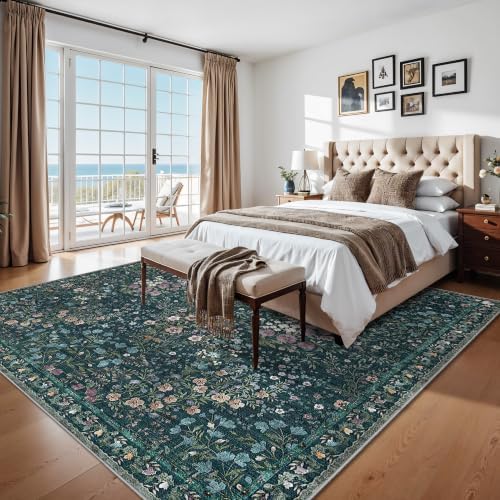 10x10 Square Area Rug Living Room: Boho Floral Washable Mat for Dining Room Bedroom Office High Traffic Area Soft Non Slip Low Pile Indoor Carpet for Vintage Farmhouse Home Decor (10ft Square, Green) - Image 5