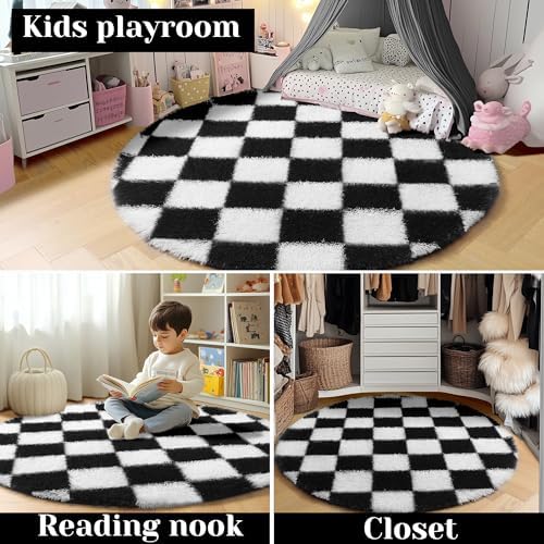KICMOR Round Rugs 7ft Black and White Circle Area Rug, Fluffy Soft Large Fuzzy Shag Shaggy Bedroom Living Room Carpet, Indoor Checkered Circular Rug for Kids Boys Girls Home Decor Aesthetic, Nursery - Image 7