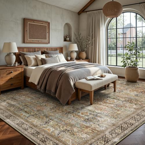 8x10 Area Rugs for Living Room - Washable Vintage Retro Large Rug, Soft Ultra Thin Non Slip Low Pile Traditional Distressed Boho Carpet for Bedroom Dining Room Home Office, Beige & Terracotta - Image 4