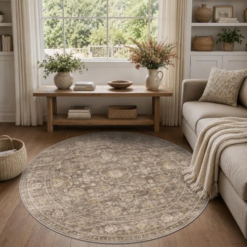 JOOJA 4x4 Tan Vintage Soft Low Pile Washable Boho Small Round Kitchen Rug - Image 3