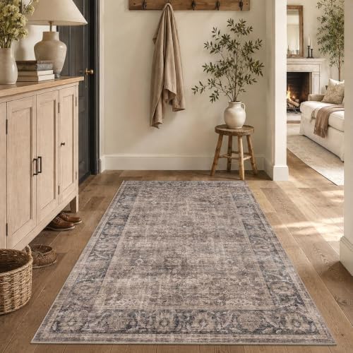 Washable 3x5 Entryway Non-Slip Area Rug Retro Taupe Navy Throw Carpet by HOME