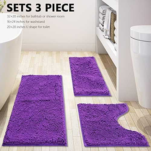 Bathroom Rugs Chenille 3-Piece Extra Soft and Absorbent Shag Bathroom Rugs, Machine Wash Mat, Strong PVC Non-Slip Underside, Plush Carpet Mats (Violet) - Image 3