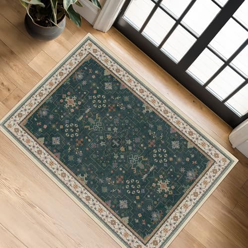 Dark Green 2x3 Door Mat Indoor Entrance Rug - Small Throw Area Rugs for Entryway, Kitchen, Bathroom, Bedroom, Laundry Room - Vintage Boho Eclectic Floral, Washable Low Pile Non-Slip by HazoHaus