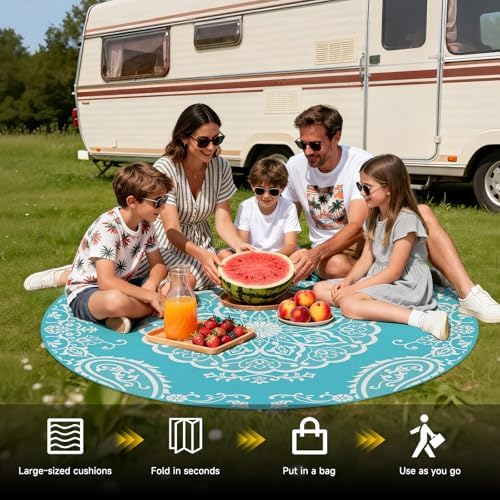 Pauwer Outdoor Rug 6ft, Waterproof Plastic Straw Camping Rug, Boho Teal - Image 5