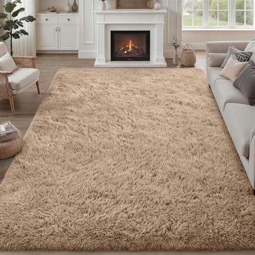 8x10 Area Rug Living Room Bedroom: Fluffy Plush Shag Carpet Beige by Luxturiy
