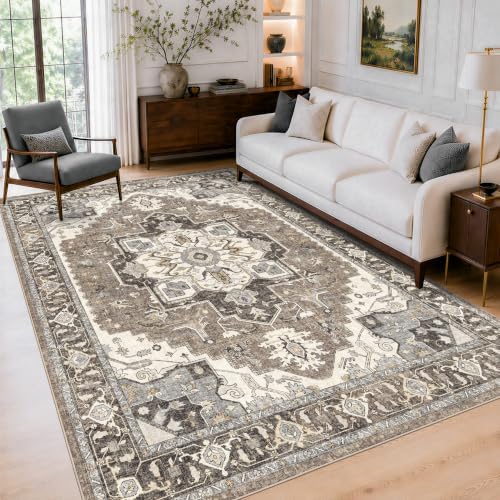 7x10 Area Rug for Living Room: Large Vintage Non-Slip Washable Rugs for Bedroom Home Office Dining Room Soft Durable Low Pile Carpet Boho Neutral Indoor Floor Mat for High Traffic Areas(Beige,7x10) - Image 2