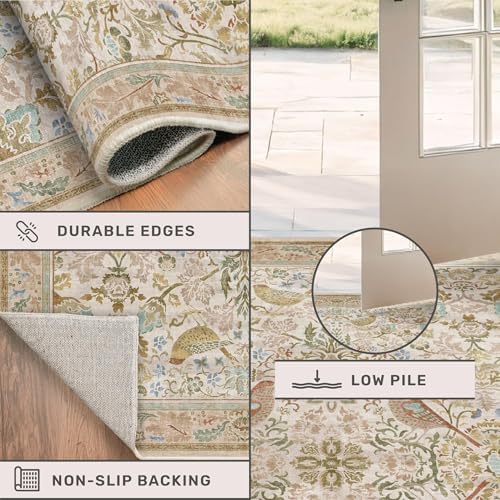 Hazo Haus Beige 5ft Round Rug for Living Room - Boho Floral Circle Area Rug for Bedroom Kids Room, Home Office, Washable Low Pile Non Slip, Vintage Taupe Botanical & Bird Pattern - Image 4