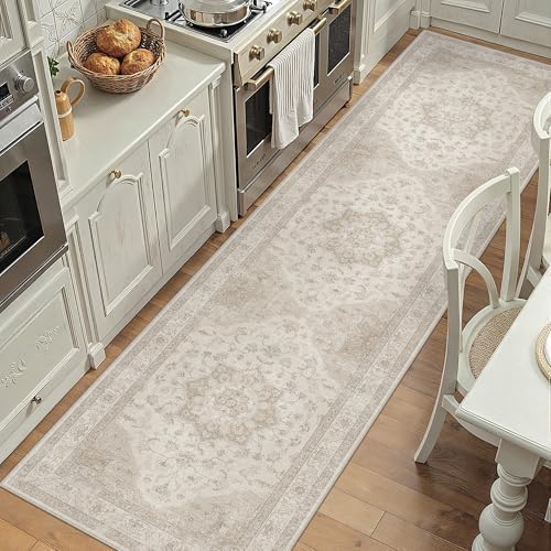 PureCozy Beige 2.6x12 Washable Runner Rug Vintage Oriental Medallion Carpet - Image 5