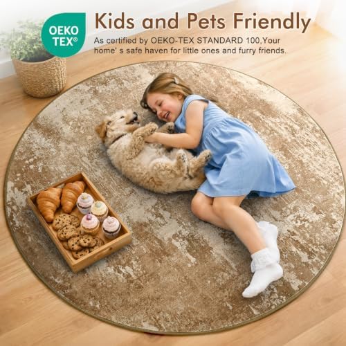 6ft Round Abstract Washable Area Rug for Living Room Brown - Image 5