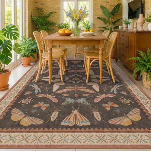 Dining Room Rugs for Under Table 6x9 - Washable Soft Rugs for Bedroom Aesthetic, Low Pile Stain Resistant Living Room Carpet, Vintage Insect Home Décor (Brown) by HazoHaus