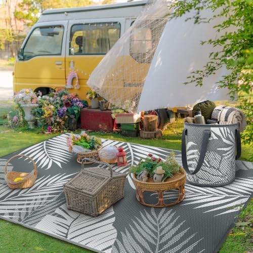 GENIMO Outdoor Rug 6' x 9' Waterproof for Patios Clearance, Reversible Plastic Straw Camping Carpet with Round Storage Bag, Large Area Rugs and Mats for RVs,Garden, Beach, Gray & White - Image 4