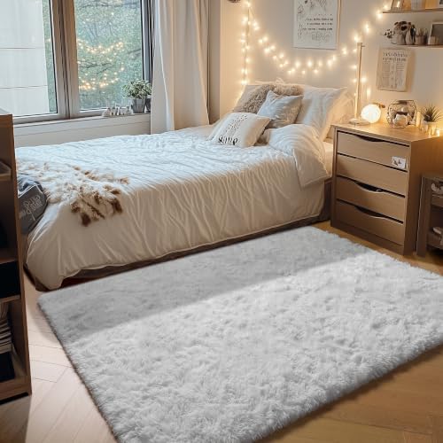 White Rugs for Kids Bedroom Preppy Dorm, 3x5 Fluffy Bedside Soft Area Rug by ONASAR