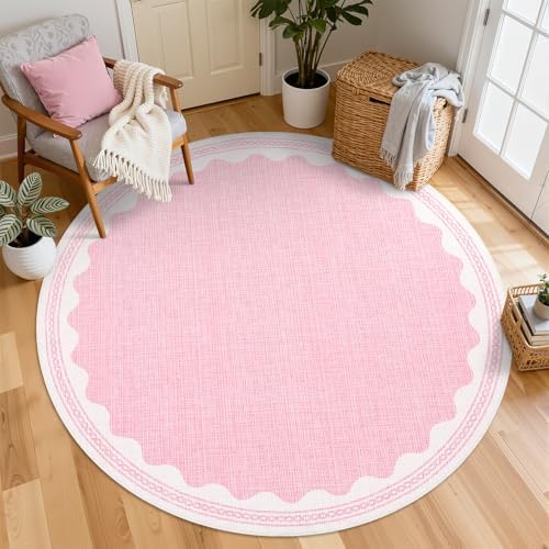 GarveeHome Scalloped Edge Solid Pink 4ft Round Rug Circle Modern Minimalism Washable Non-Slip Soft Ultra-Thin Carpet for Living Room Kitchen Bedroom Nursery Dining Room - Image 2