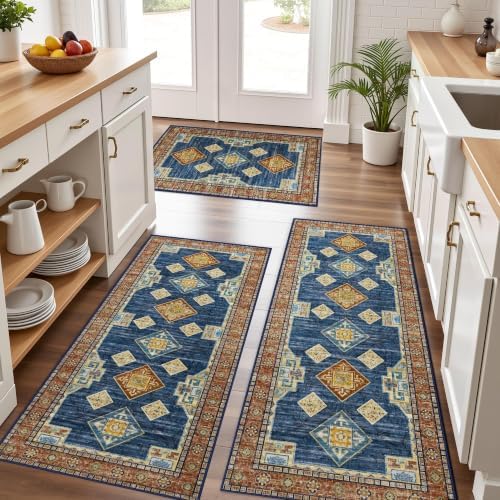 Kitchen Rugs Sets of 3 100% Non Slip Washable Kitchen Mats for Floor, Blue by Tritard