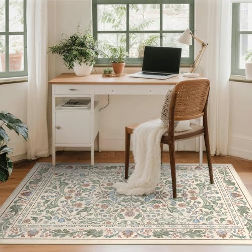 Floral Indoor Entrance 4x6 Area Rug, Washable Vintage Boho Entryway Rugs, Low Pile Non Slip Soft Carpet for Kitchen, Bedroom Beside, Laundry Room, Office Rug, Living Room, Nursery Room， Beige Green - Image 3