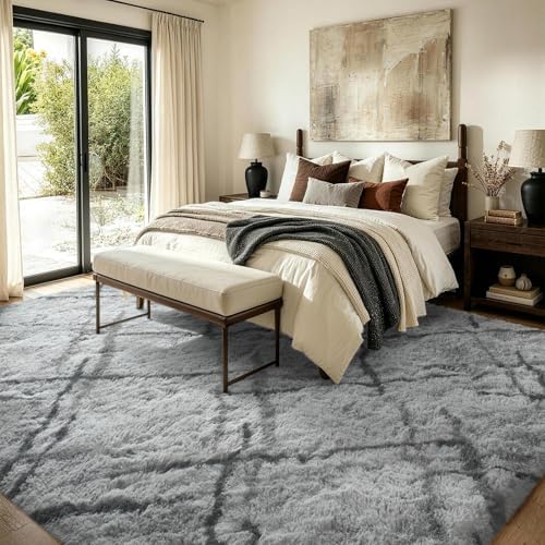 9x12 Non-Slip Fluffy Area Rugs For Living Room (Black and Grey Stripe) - Image 3