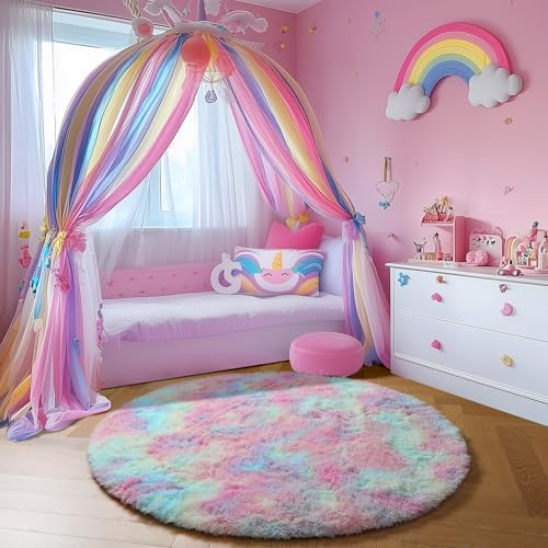 Amdrebio Rainbow Unicorn Pastel Small Round Rug 3Ft for Girls Kids Bedroom - Image 5