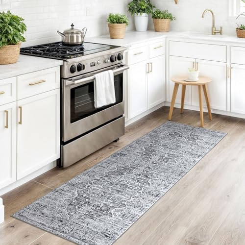 KUTA Hallways Runner Rug 2x6 Grey Blue White Vintage Floral Rugs - Image 3