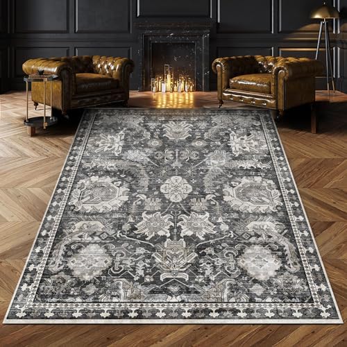 RUGSURE Washable Area Rugs - Perfect for Living Room, Bedroom, Kids Room, Nursery - Stain & Water Resistant Non-Slip, Pet & Child Friendly, Vintage Tribal Area Rugs (Grey, 9' x 12') by RUGSURE