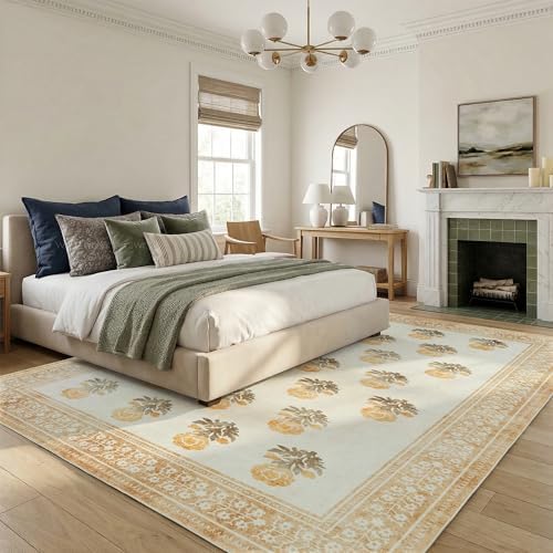 Beige Brown Floral Living Room Rug 5x7 Area Rug - Vintage Washable Rug for Dining Room, Bedroom, Ultra Soft Low Pile Non Slip Stain Resistance Distressed Boho Farmhouse Flower Carpet - Image 3