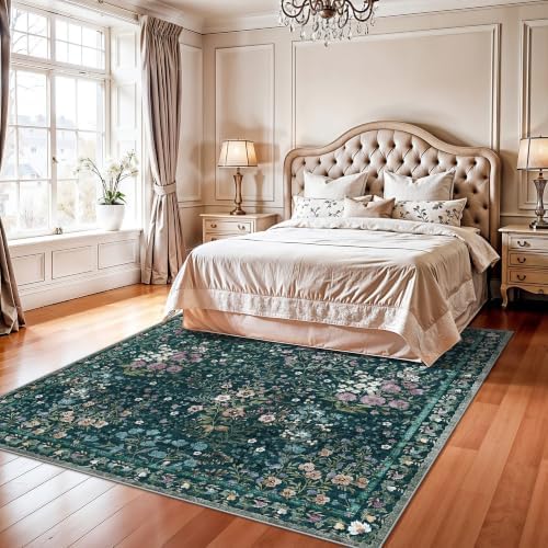 7x7 Vintage Floral Dining Room Rug - 7ft Square Low Pile Non Slip Machine Washable Area Rug, Indoor Carpet for Under Table/Bed Living Room Bedroom Office Nursery Entryway Playroom (7ft Square, Green) - Image 4
