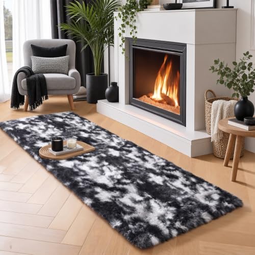 Black White Bedroom Rugs 2x6 Ft, Plush Fluffy Indoor Floor Hallway Rugs - Image 2