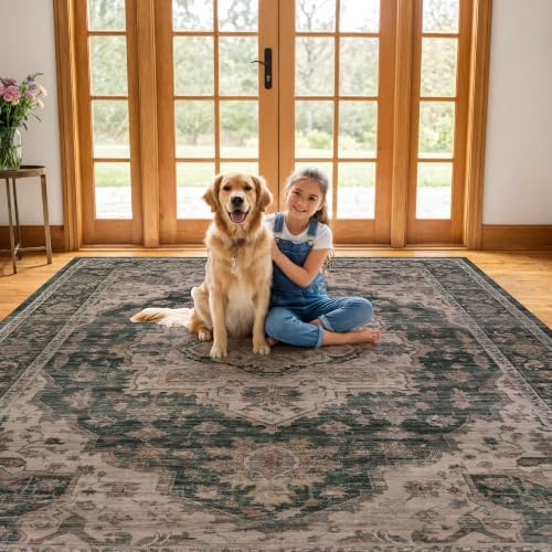 Rugshop Vintage Medallion Washable Non-Slip Area Rug, 7'10"x10' Green - Image 6
